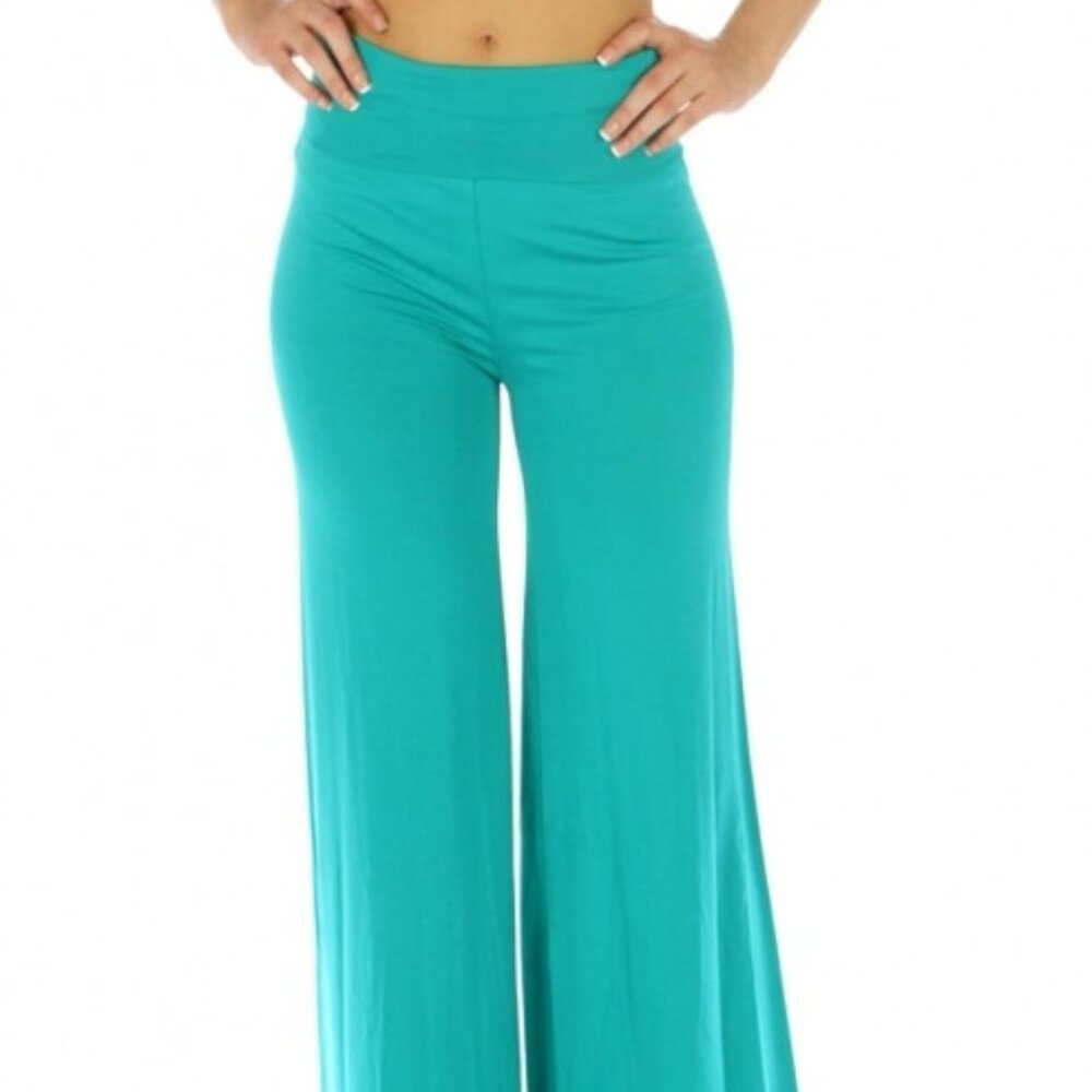 SUPPERLINE Womens Large Mint Wide Bell Legs Foldover Waist Modal Soft Palazzos